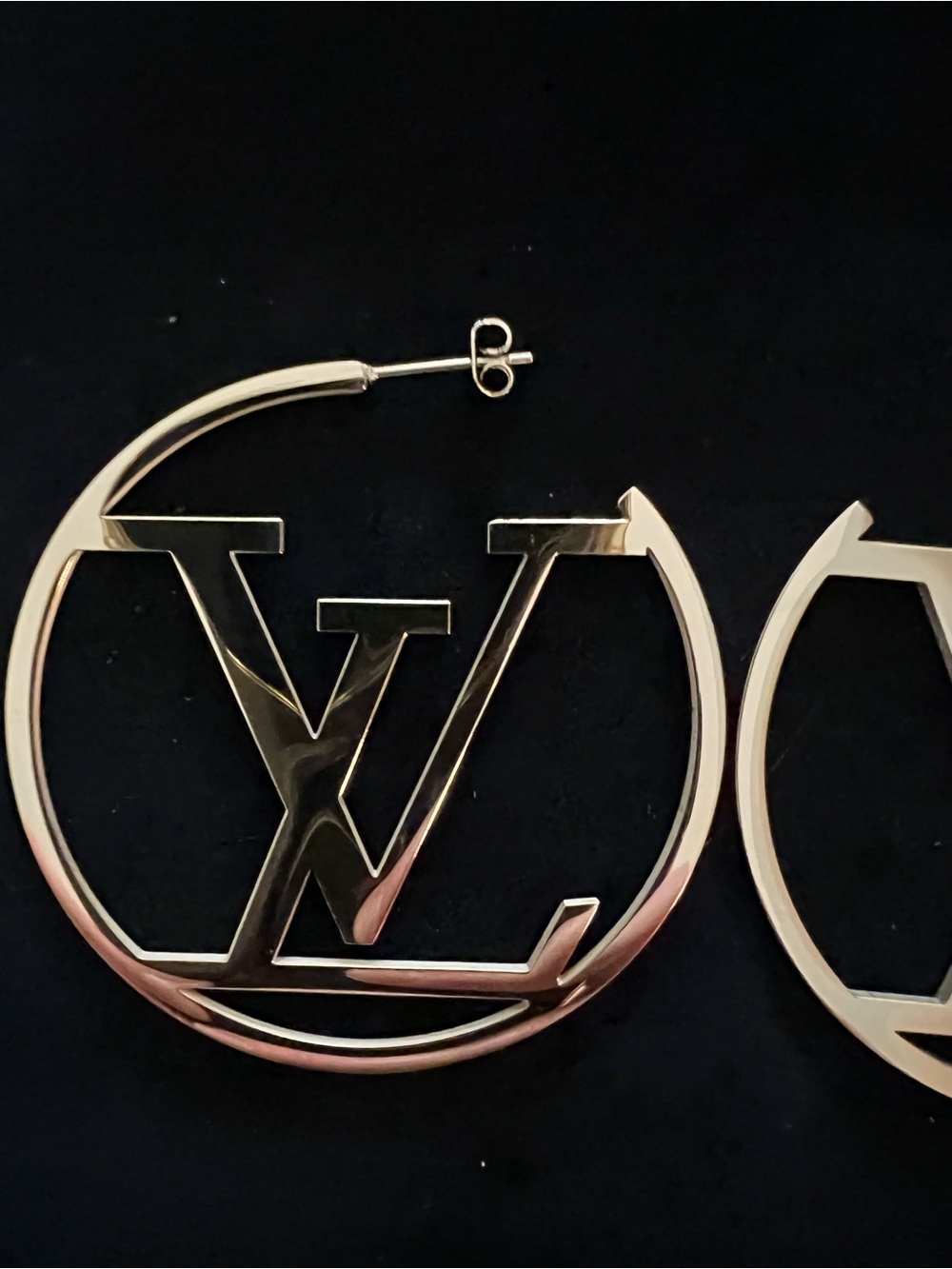 Gold-Tone LV Logo Hoop Earrings - Designer Inspired - Picture 5 of 11
